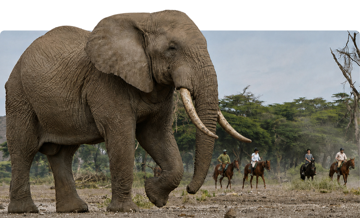 Elephant in foreground with people on horses in the background.